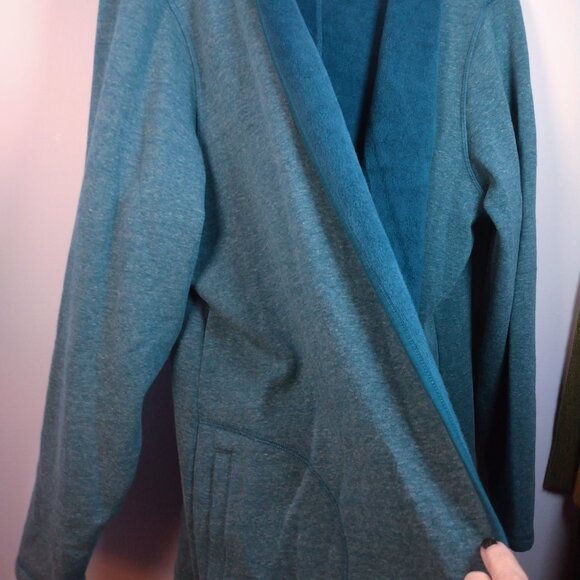 Isaac Mizrahi XL Open Front Cardigan Soft Cozy Fleece Green Pockets Fall Winter - Picture 13 of 16